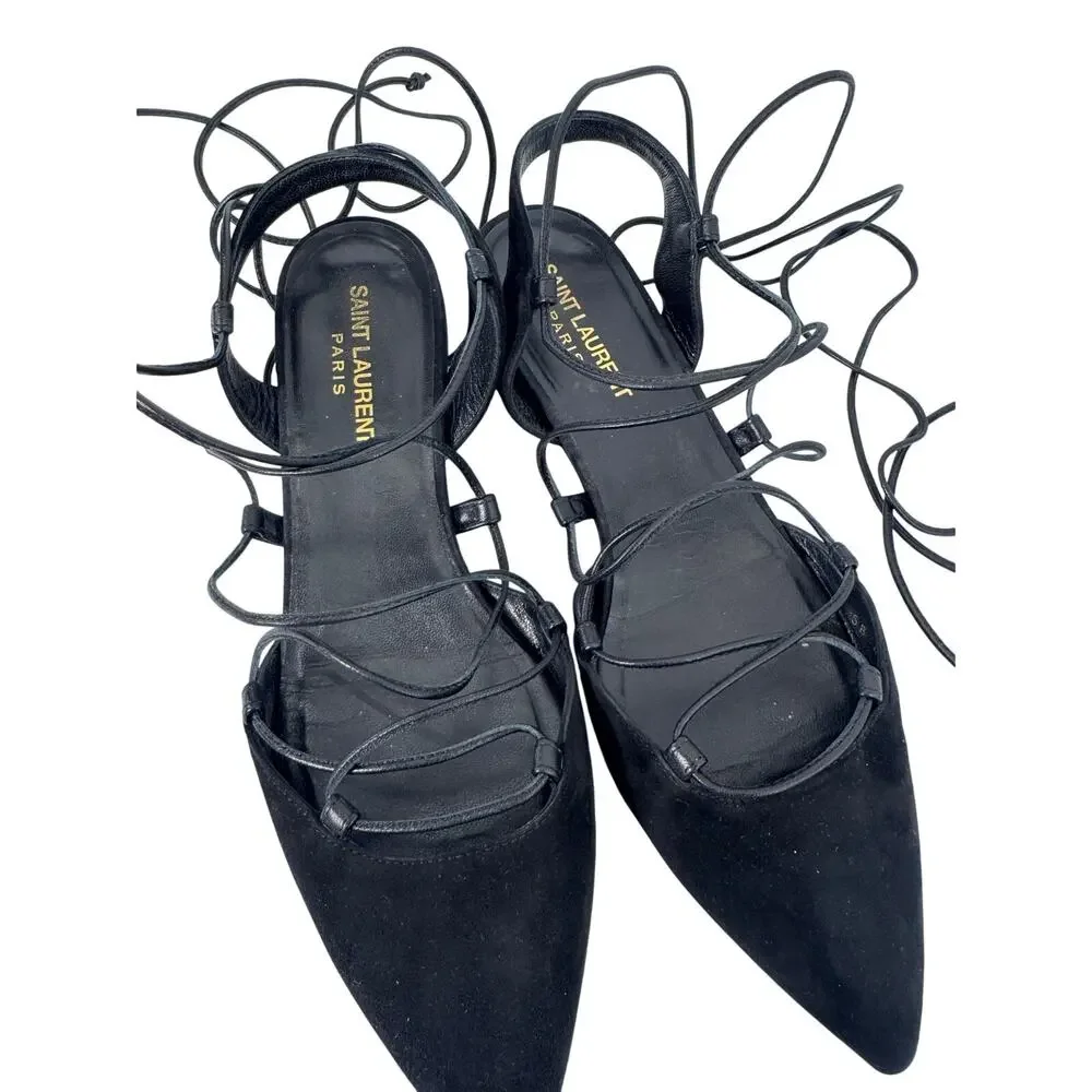 Saint Laurent Black Suede Lace Up Gladiator Pointed Toe Ballet Flats EU 37.5 YSL